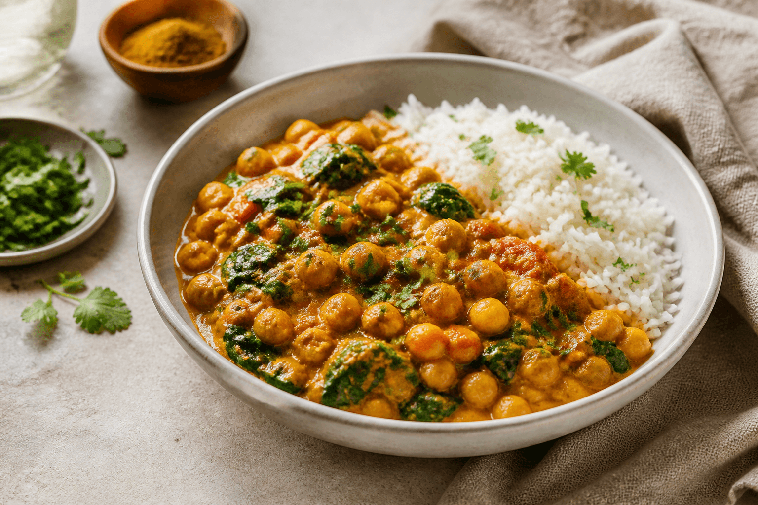 Bowl of chickpea and spinach curry with tomato sauce, rice and cilantro.