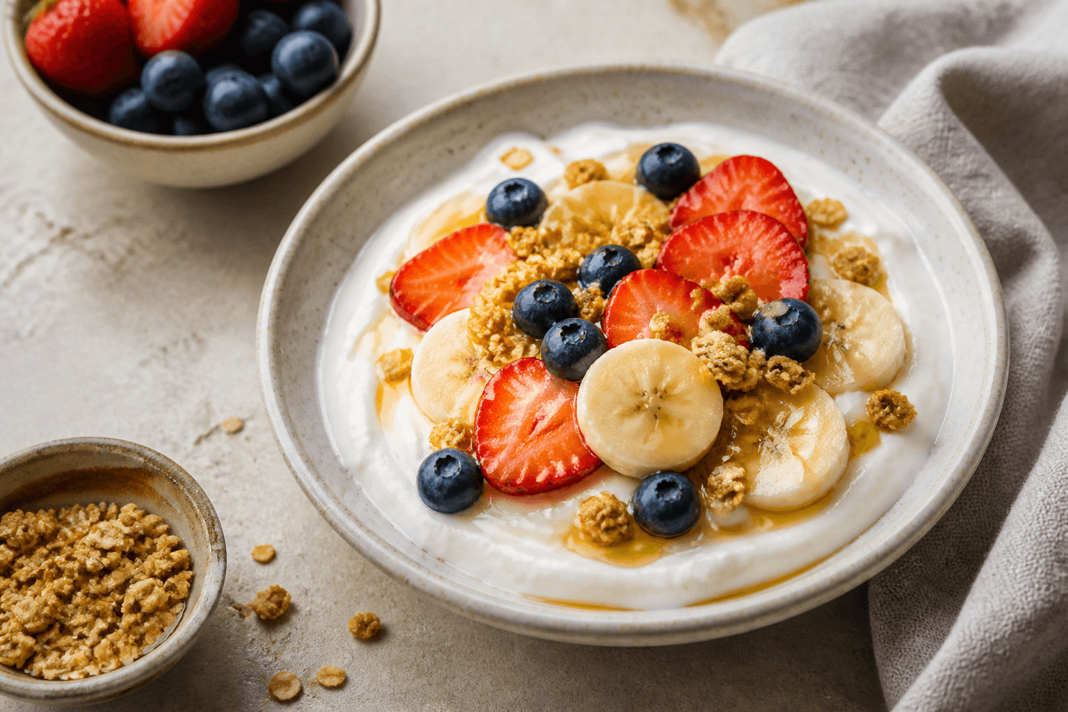 Bol de yogur griego con fresas, arándanos, plátano y granola.