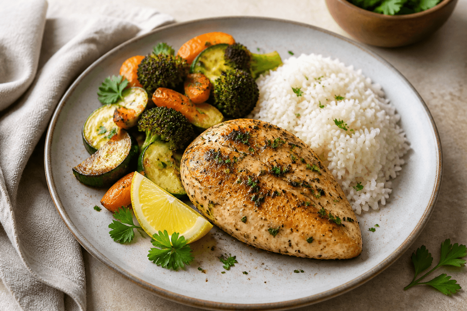 Plato de pollo al limón con hierbas, arroz, brócoli, calabacín y zanahorias asadas.