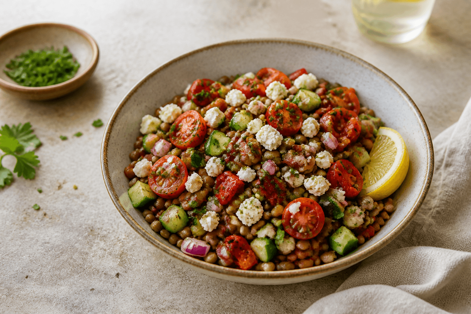 Ensalada de lentejas con feta desmenuzado, pepino, tomates, pimiento, cebolla y perejil.