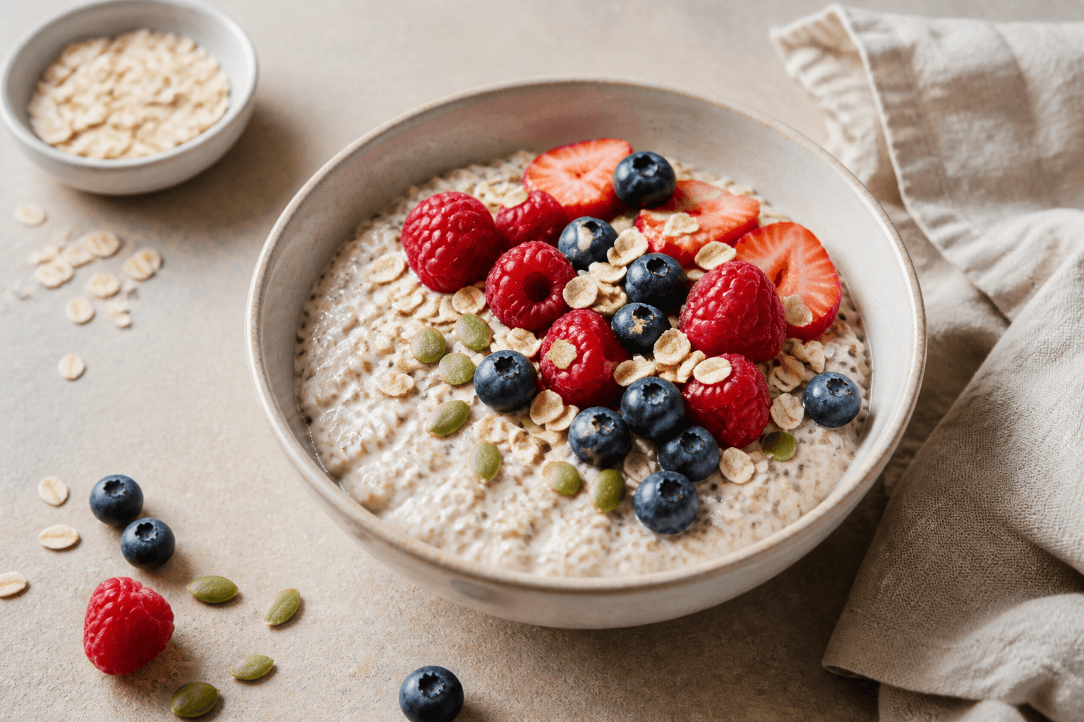 Bowl of overnight oats topped with raspberries, blueberries, strawberries and pumpkin seeds.