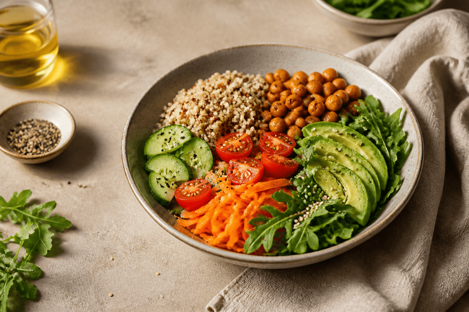 Bol de quinoa con garbanzos asados, aguacate, pepino, tomates, zanahoria y hojas verdes.