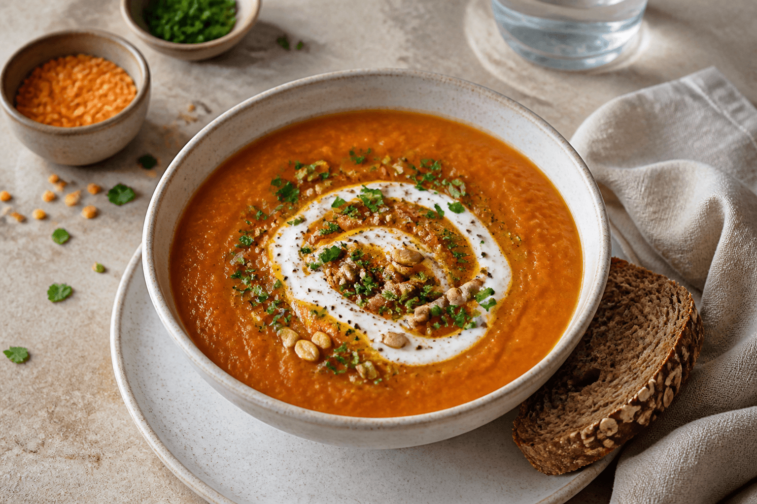 Bowl of red lentil soup topped with yogurt, parsley and seeds, served with whole-grain bread.