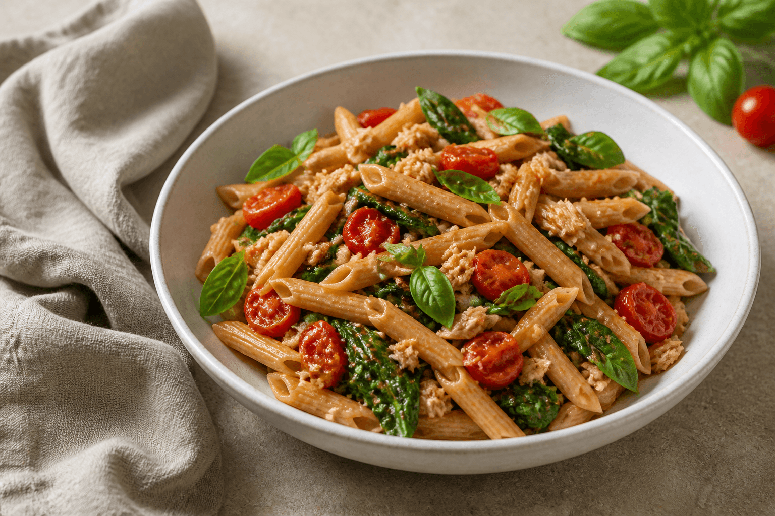 Bol de pasta integral con salsa de tomate, atún, tomates cherry, espinacas y albahaca.