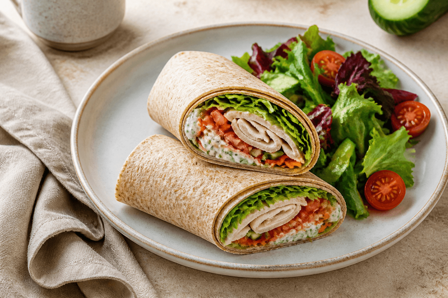 Wrap integral de pavo cortado por la mitad, con lechuga, tomate, pepino, zanahoria y salsa de yogur.