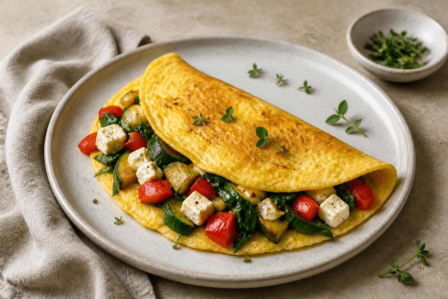 Tortilla dorada doblada con calabacín, pimiento, espinacas y feta en un plato de cerámica.
