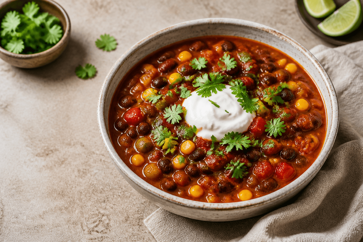 Bol de chili vegetariano con alubias rojas, alubias negras, maíz, pimientos y cilantro.